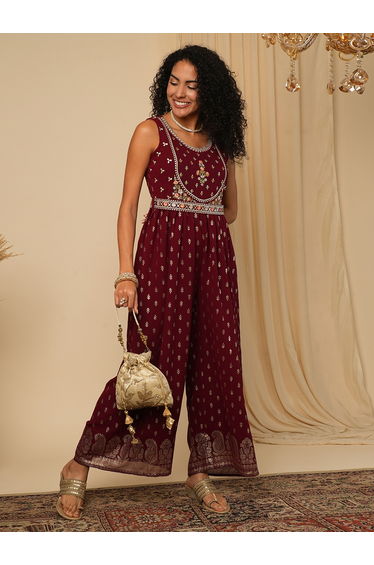 Embroidered Motifs Foil Print Pleated Jumpsuit with Belt