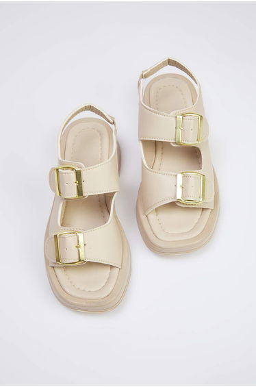 Beige Double Buckle Women's Thick Tan Sandals
