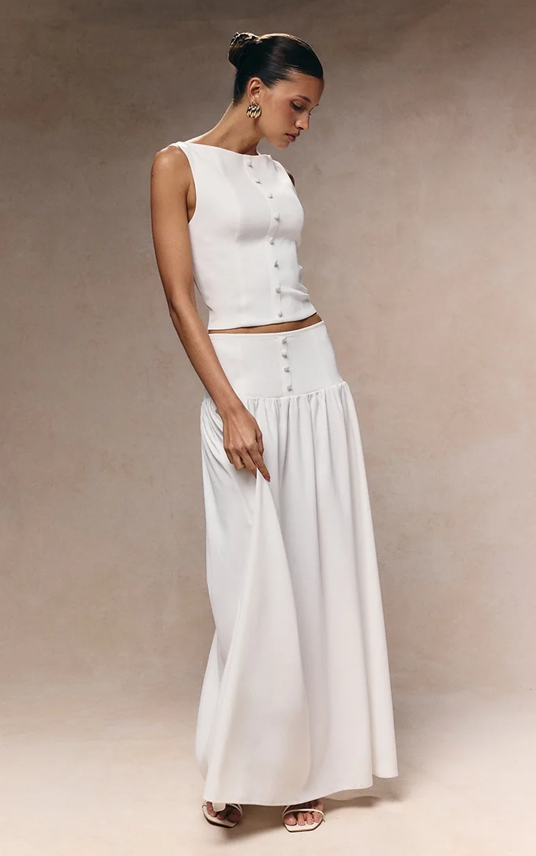 White Woven Button Detail Waistcoat