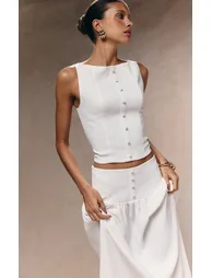 White Woven Button Detail Waistcoat - 3