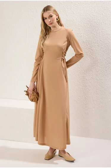 Knitted Crepe Dress with Camel Tie Rope Detail