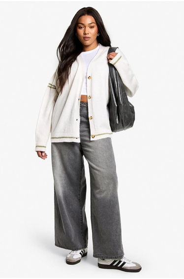 Plus Oversized Knitted Boyfriend Cardigan - cream