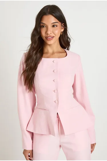 Scoop Neckline Cinched Barrel Sleeve Blazer - baby pink