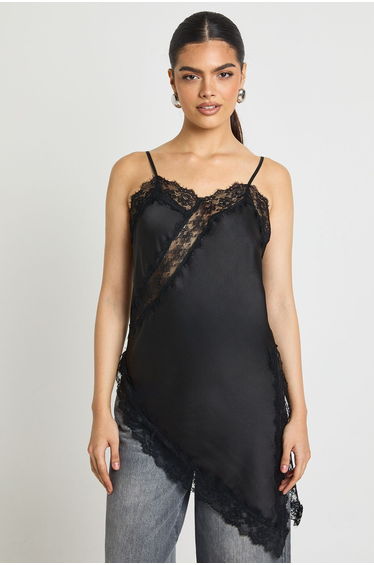 Satin Lace Longline Cami - black