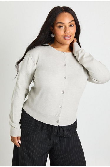 Plus Crew Neck Button Through Cardigan - grey