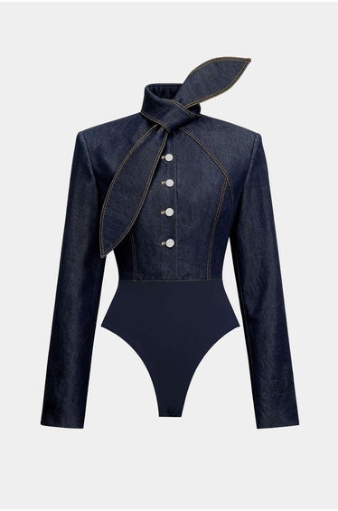 Denim Tie-Up Button Bodysuit