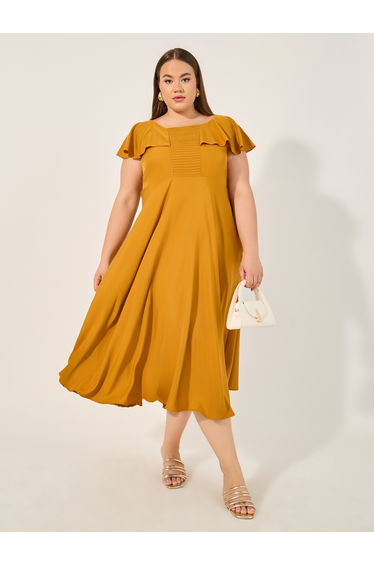 Plus Size Solid Pintuck Detail A-Line Midi Dress