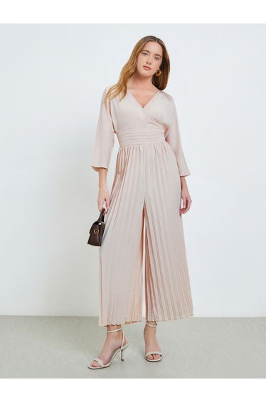 Beige Wide Leg Pleated Jumpsuit