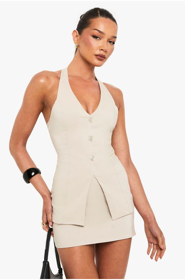 Bengaline V Neck Longline Waistcoat - stone