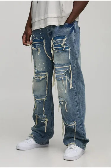 بنطلون جينز بنمط ممزق بطبعة - لطويل القامة
