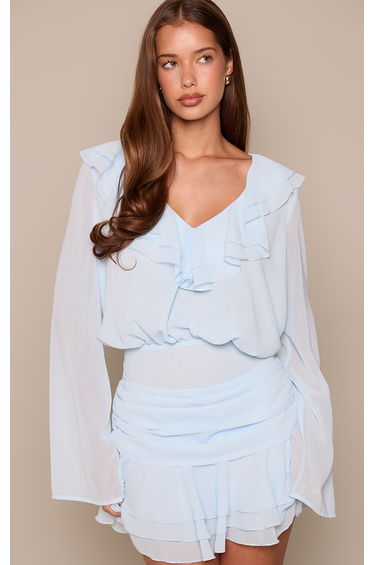 Pale Blue Chiffon Long Sleeve Frill Mini Dress