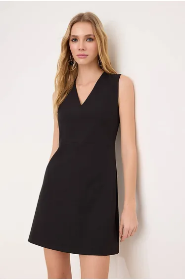 Wardrope Essentials Black Plain Sleeveless V-Neck Mini Woven Dress