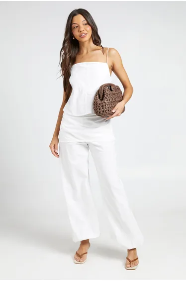Linen Look Skirt Overlay Balloon Trouser - white