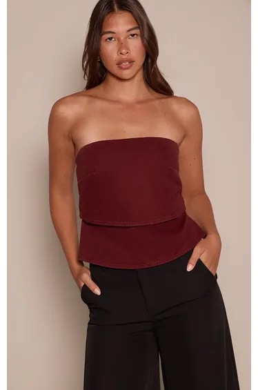 Burgundy Denim Double Layer Bandeau Top