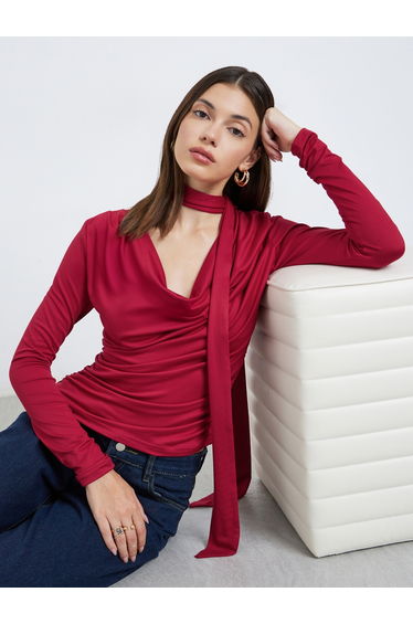 Red Cowl Neck Knit Top with Neck Scarf