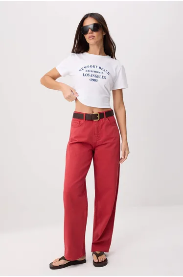 Red High Waist 100% Cotton Barrel Jeans