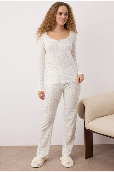 White Floral Lace Detailed Corduroy/Pointel Knitted Pajama Set