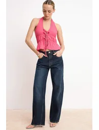 Fuchsia Printed V-Neck Knitted Blouse with Binding Detail