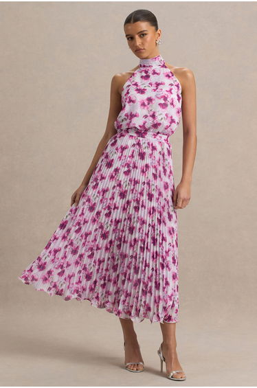 Refractive | Purple Floral Print Satin Dress With Halter-Neck and Pleated Skirt
