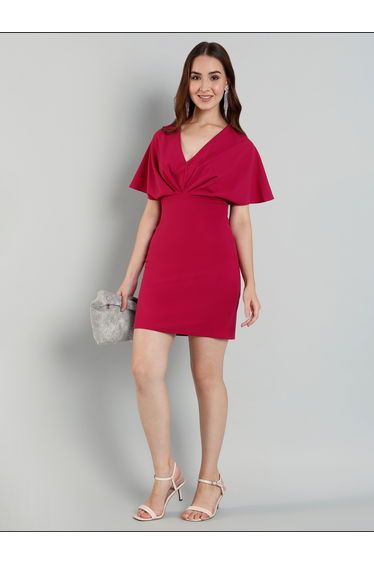 Solid Cape Sleeve Pleated Detail Mini Dress