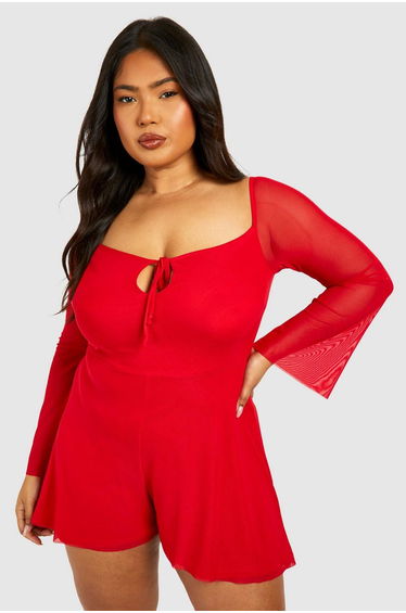 Plus Mesh Tie Detail Flared Sleeve Floaty Playsuit - dark red