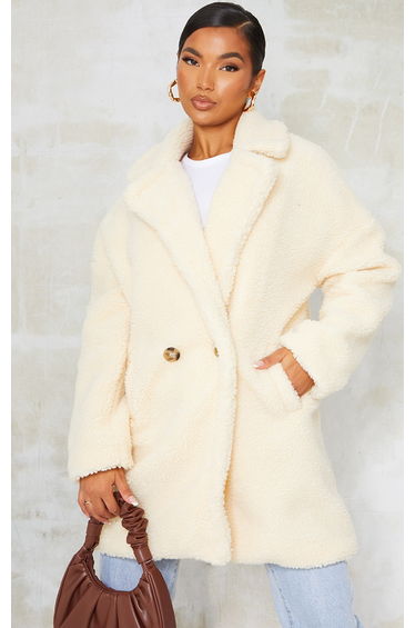 Cream Borg Lapel Drop Arm Midi Coat