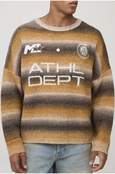 Oversized Boxy Fit Ombre Stripe ATHL Graphic Knitted Jumper