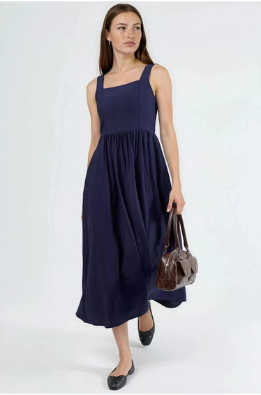 BUSEM Solid Midi Dress with Square Collar