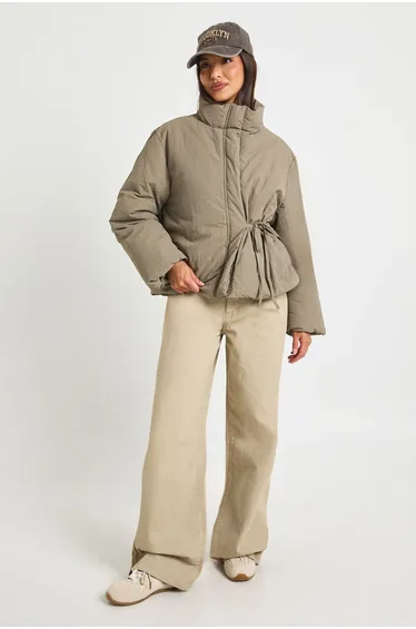 Tie Detail Puffer Jacket - sage