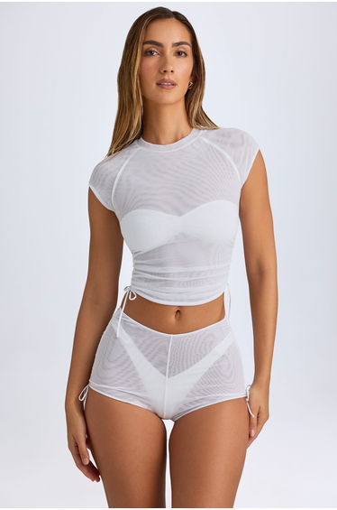 Sheer Ruched Mini Shorts in White