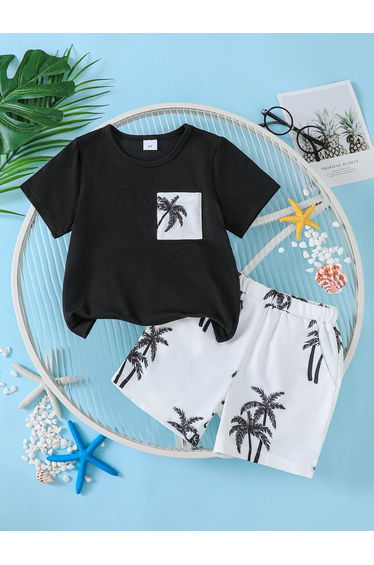 Boys Tropical Palm Tree Print T-Shirt and Shorts Set
