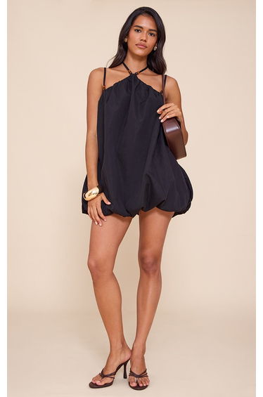 Black Halterneck Bead Detail Puffball Dress
