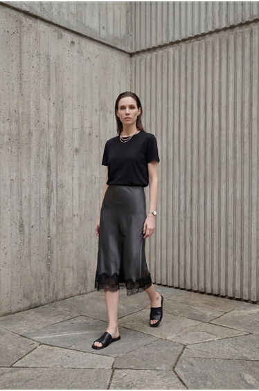 MY FASHION Lace Detailed Satin Midi Skirt