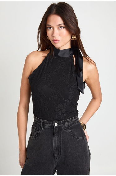 Lace Satin Bow Detail High Neck Bodysuit - black