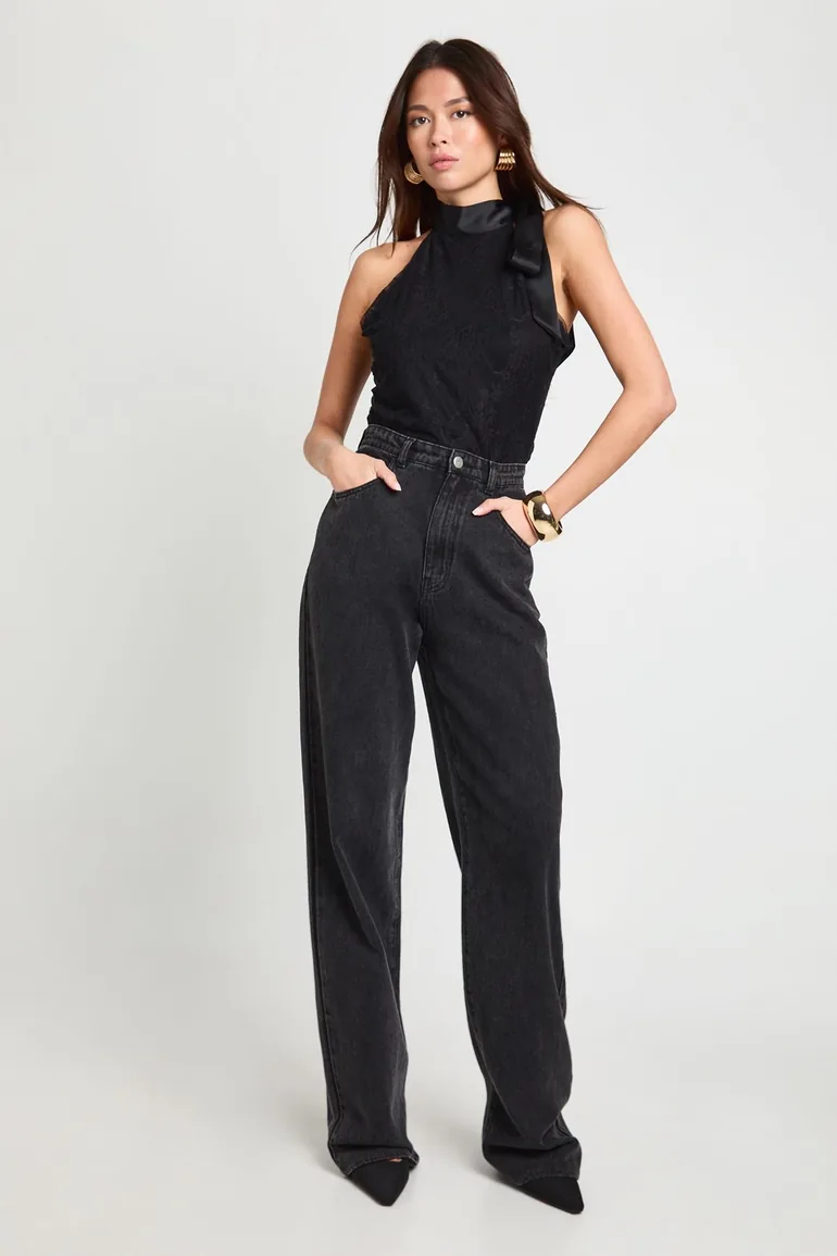 Lace Satin Bow Detail High Neck Bodysuit - black - 2