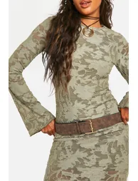 Burnout Mesh Flare Sleeve Maxi Dress - khaki - 3