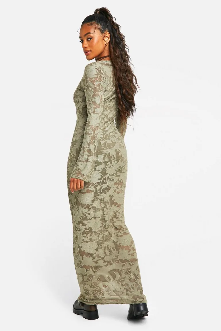 Burnout Mesh Flare Sleeve Maxi Dress - khaki - 1