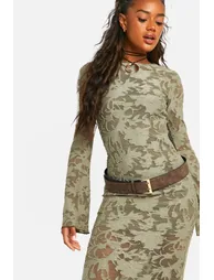 Burnout Mesh Flare Sleeve Maxi Dress - khaki - 2