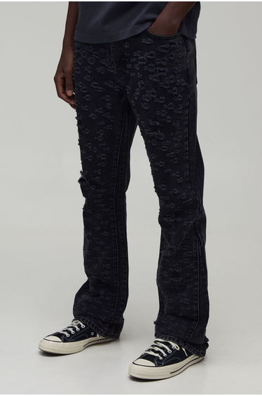 All Over Ripped Stacked Gusset Slim Flared Jeans - charcoal
