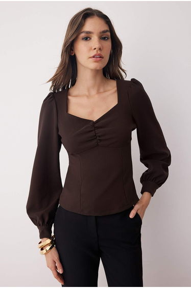 Brown Gathered Detailed Woven Blouse