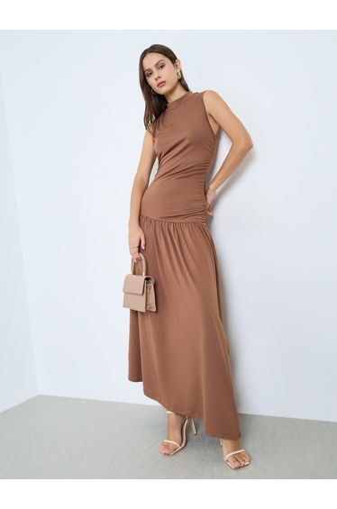 Solid High Neck Neck Ruffled Waist Sleeveless Maxi Dress