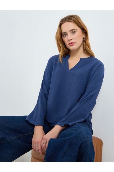 Women Navy Blue V-Neck Long Sleeve Top