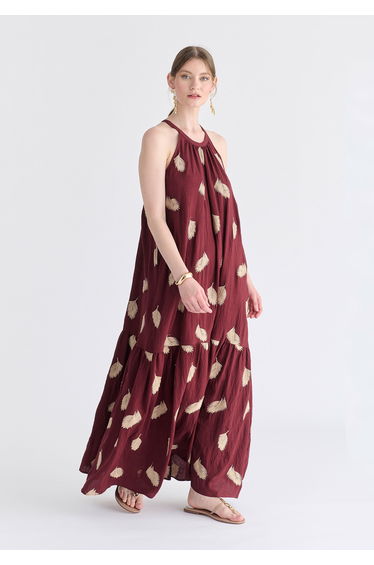 Leaf Embroidered Halterneck Maxi Dress