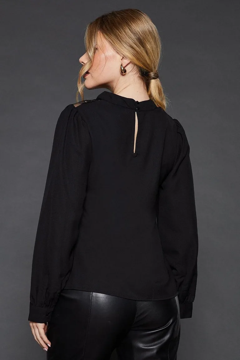 Lace Shoulder Long Sleeve Blouse - 3