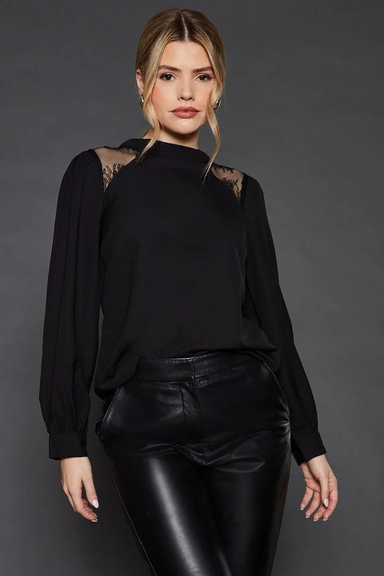 Lace Shoulder Long Sleeve Blouse - 1