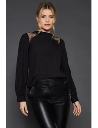 Lace Shoulder Long Sleeve Blouse - 1