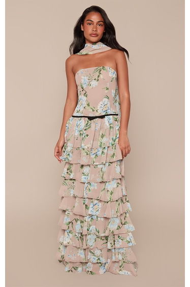 Taupe Floral Printed Chiffon Bandeau Tiered Frill Maxi Dress