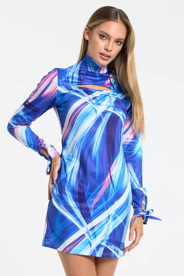 blue abstract mini dress Women's Prosperina Hedy Blue Multi Abstract Print Cotton Mini Dress | Size: Xs