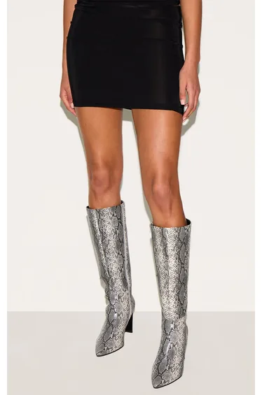 Snake Pu Point Toe Thin Block High Heel Knee High Boots
