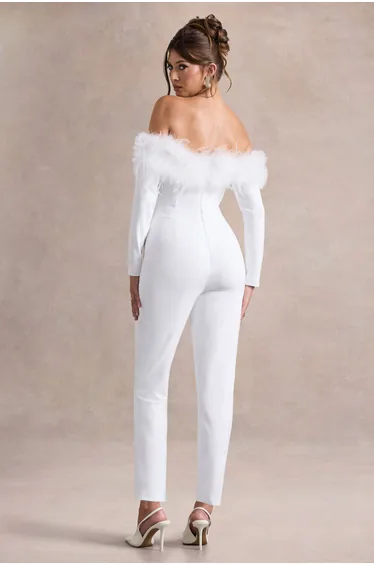 Ales | White Bardot Tailored Straight-Leg Jumpsuit With Feather Trim